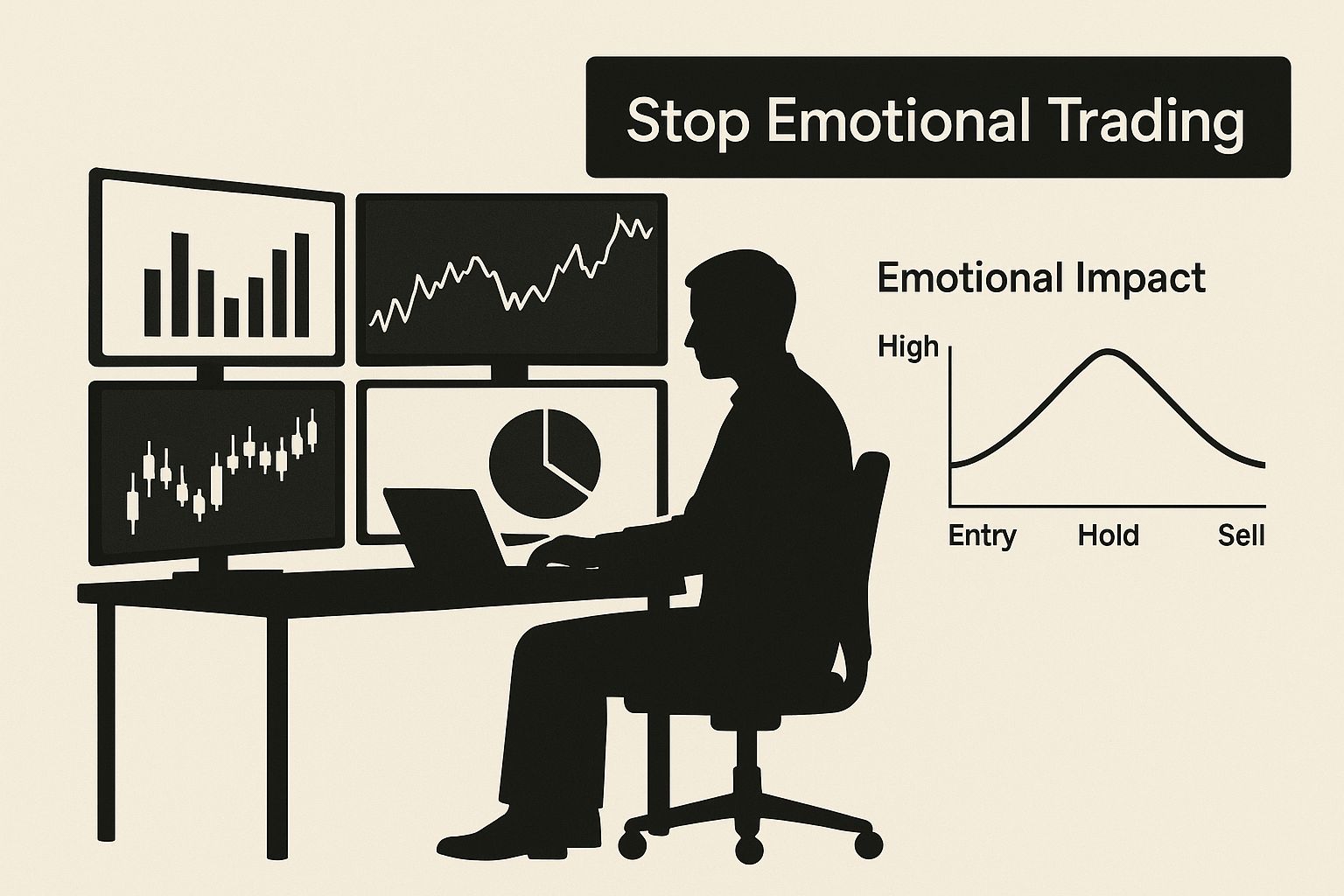 Infographic of a trader at a desk surrounded by screens, with text 'Stop Emotional Trading' in the corner.