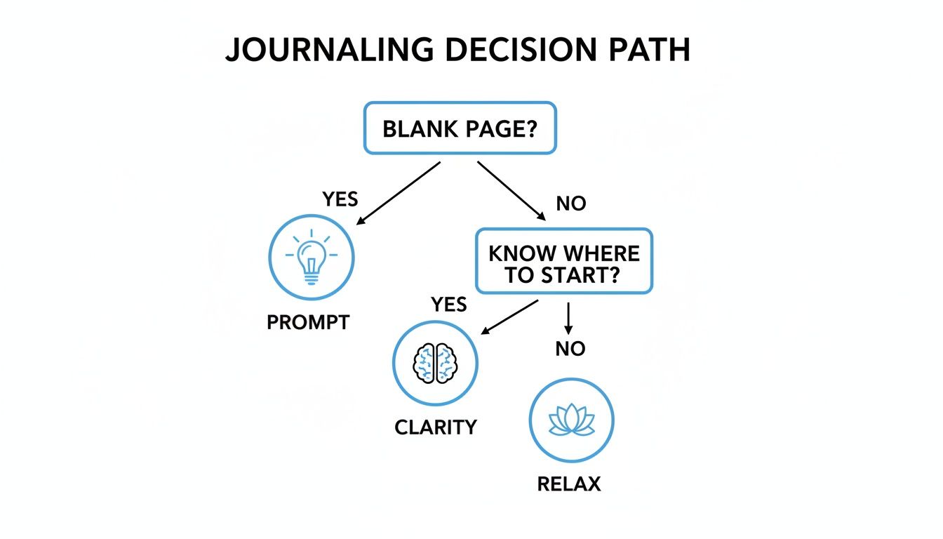 A journaling decision path flowchart guiding users from a blank page to prompt, clarity, or relaxation.