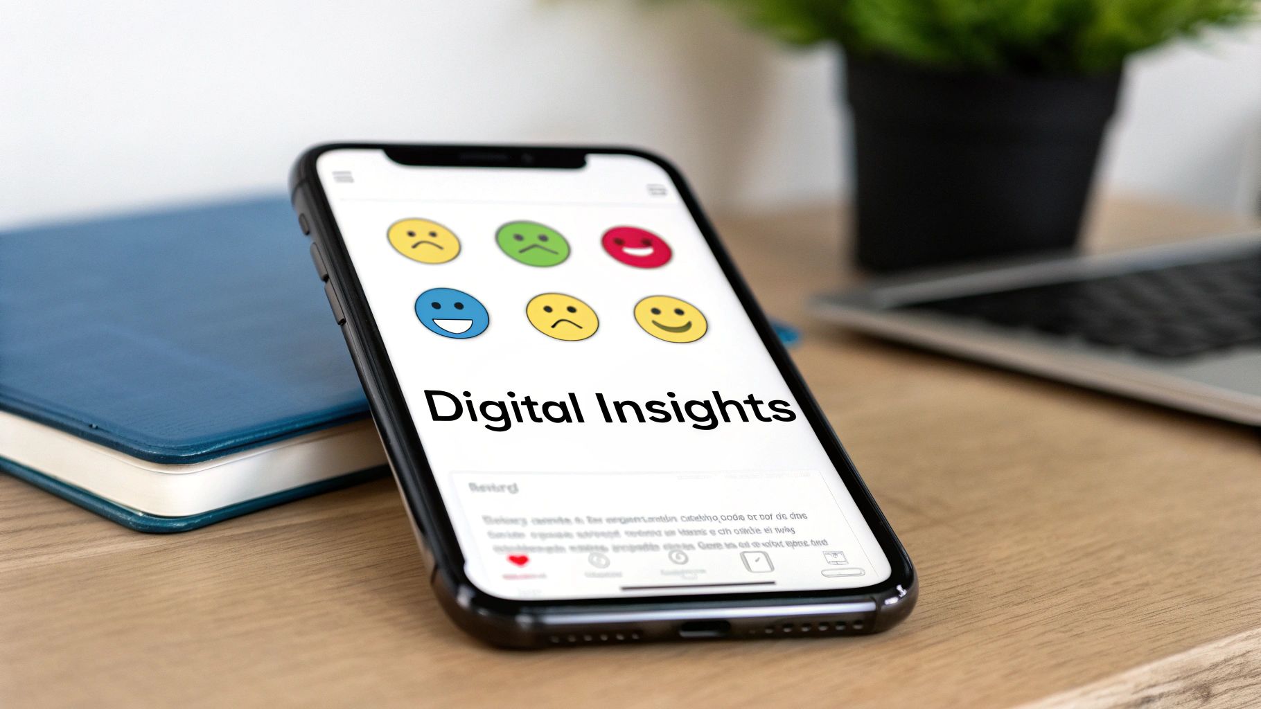 Smartphone screen displaying "Digital Insights" with various emotional emojis on a wooden desk with a notebook.