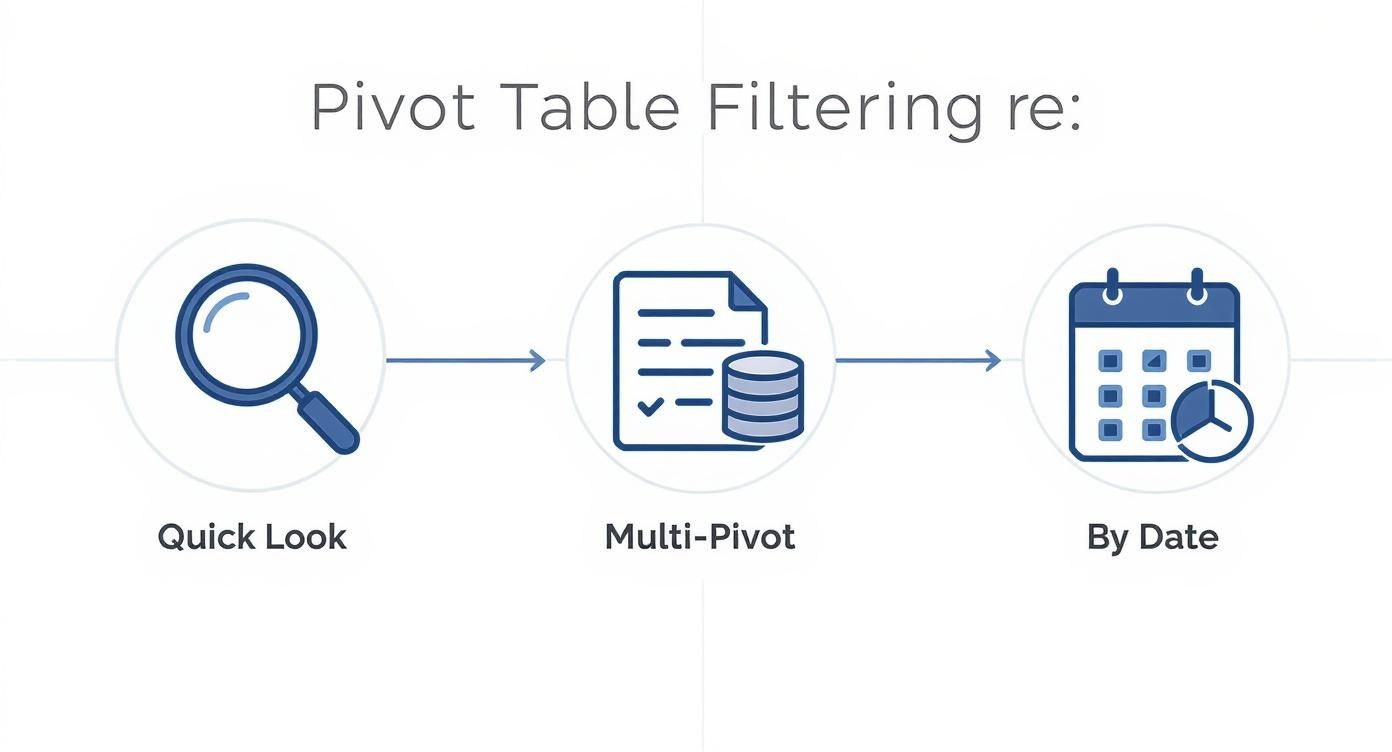 A diagram illustrating three pivot table filtering options: Quick Look, Multi-Pivot, and By Date.