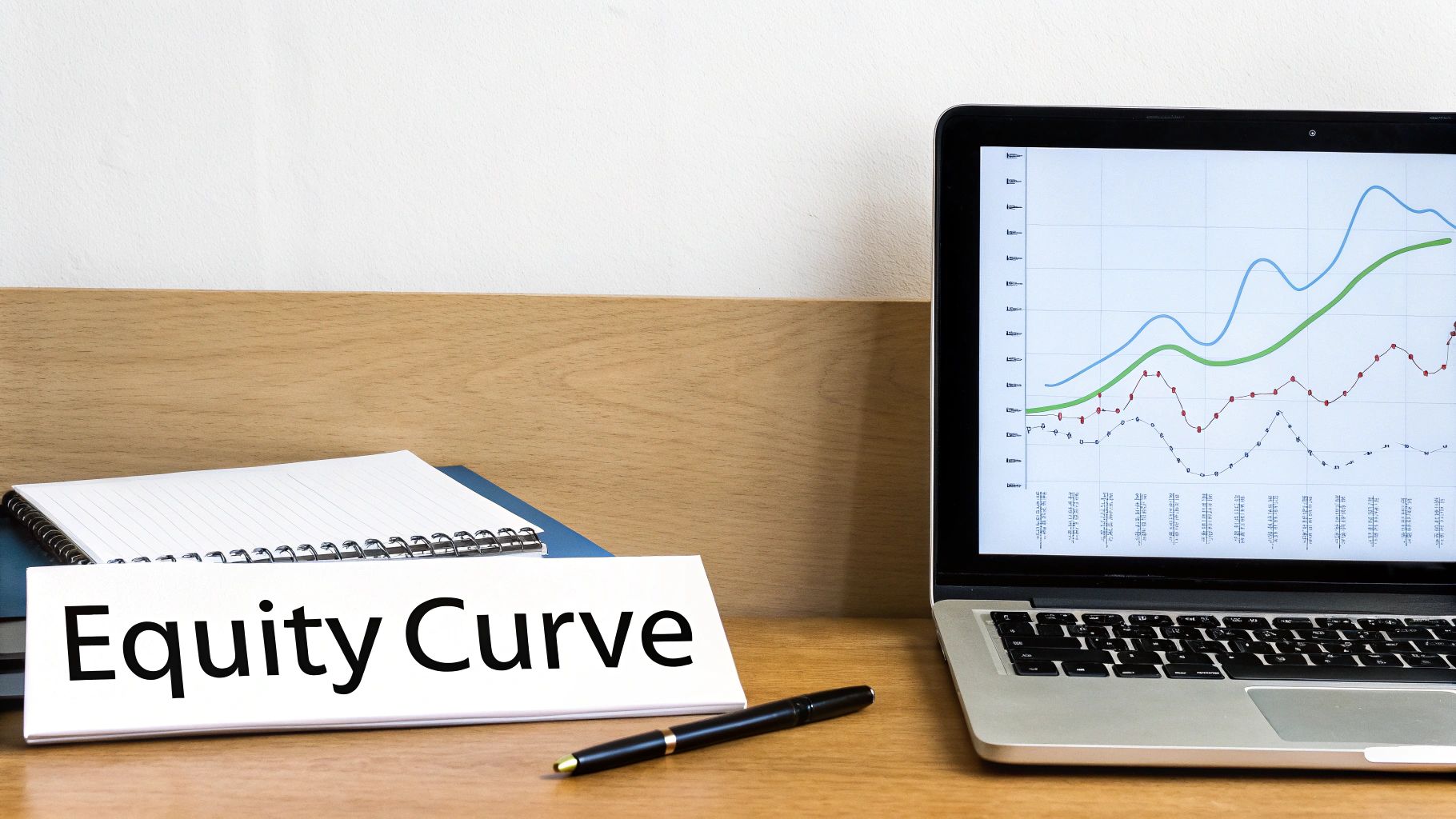 Laptop displaying an equity curve financial graph, with a sign and pen on a wooden desk.