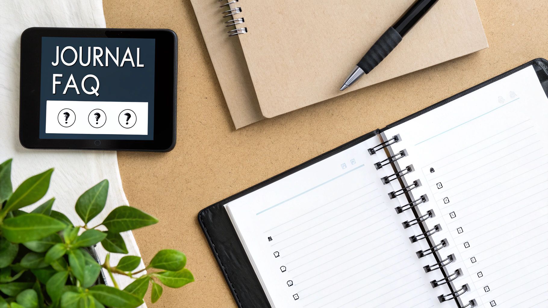 Overhead shot of a desk with a tablet displaying 'JOURNAL FAQ', notebooks, a pen, and a green plant.