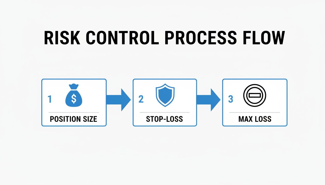 A diagram illustrating a risk control process flow for trading with three steps: position size, stop-loss, and max loss.