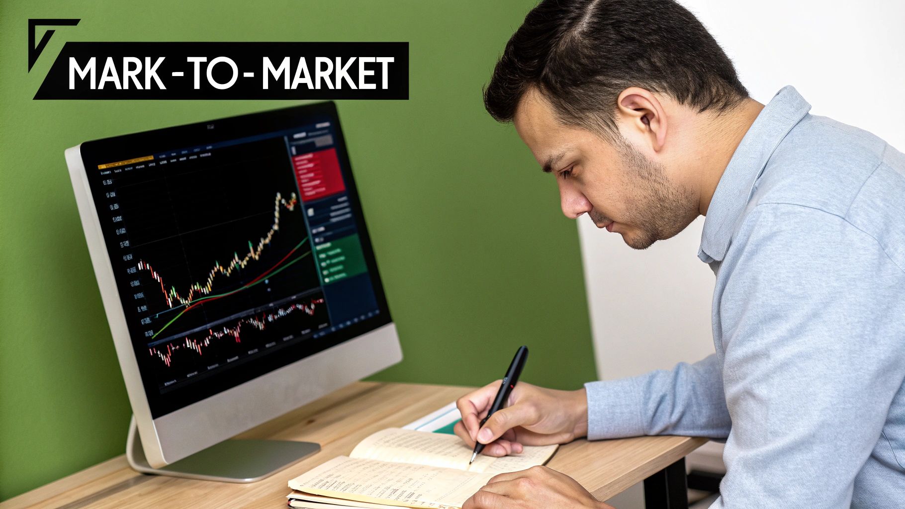 A man analyzing financial data on a computer screen and writing notes, with 'MARK-TO-MARKET' text.