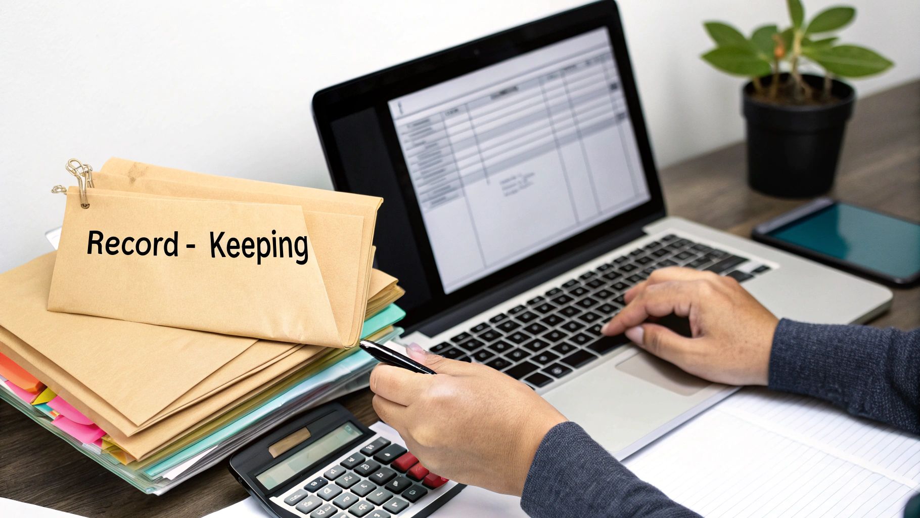 A person works on a laptop and calculator, with files labeled 'Record - Keeping' for financial management.