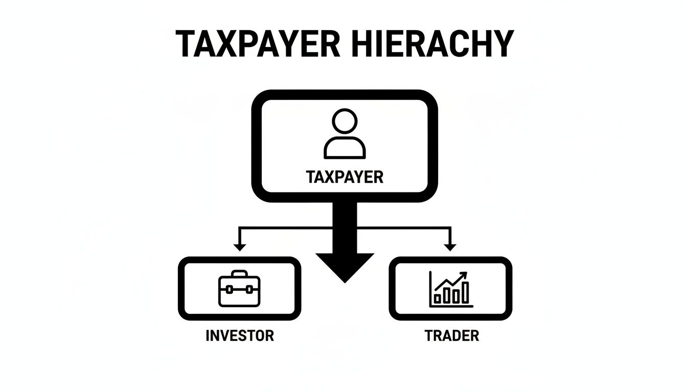 Hierarchy chart: Taxpayer at top, branching into Investor (briefcase) and Trader (chart).
