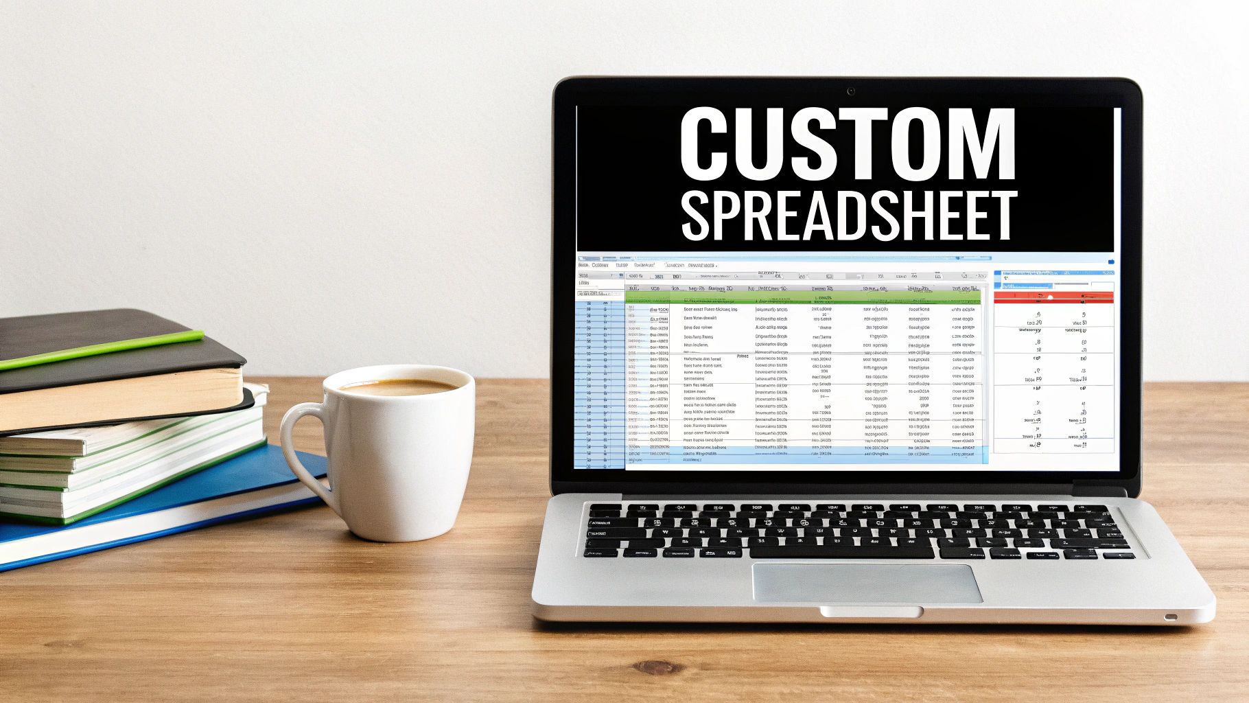 A laptop displaying a custom spreadsheet, alongside a stack of books and a coffee mug on a wooden desk.