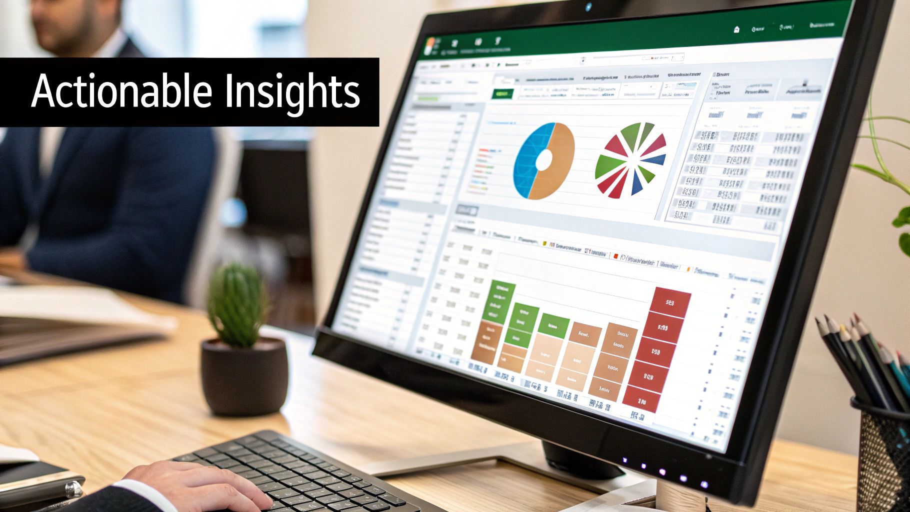 A person views a computer screen displaying a business dashboard with charts and data for analysis.