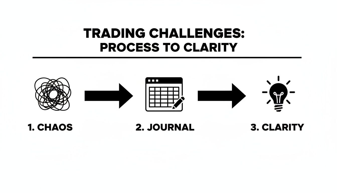 Diagram illustrating the journey from trading chaos to clarity through journaling.