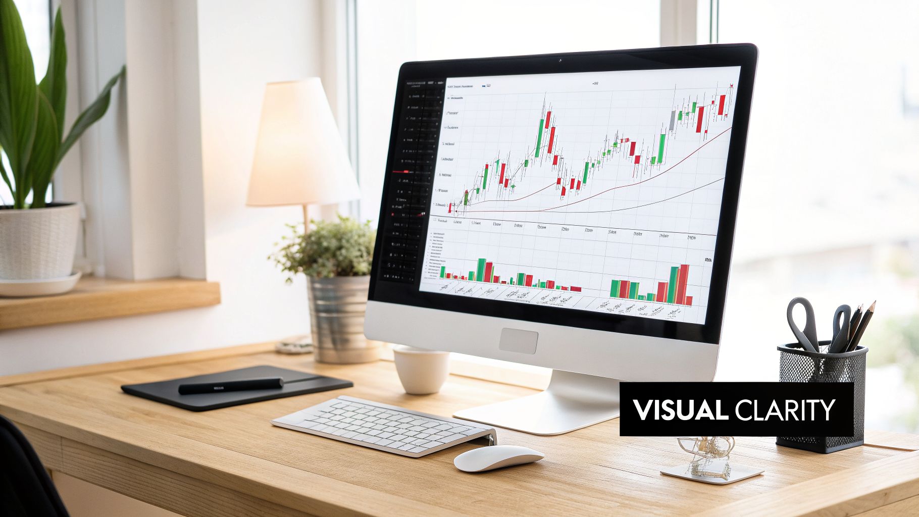 Trading desk with monitor showing financial charts