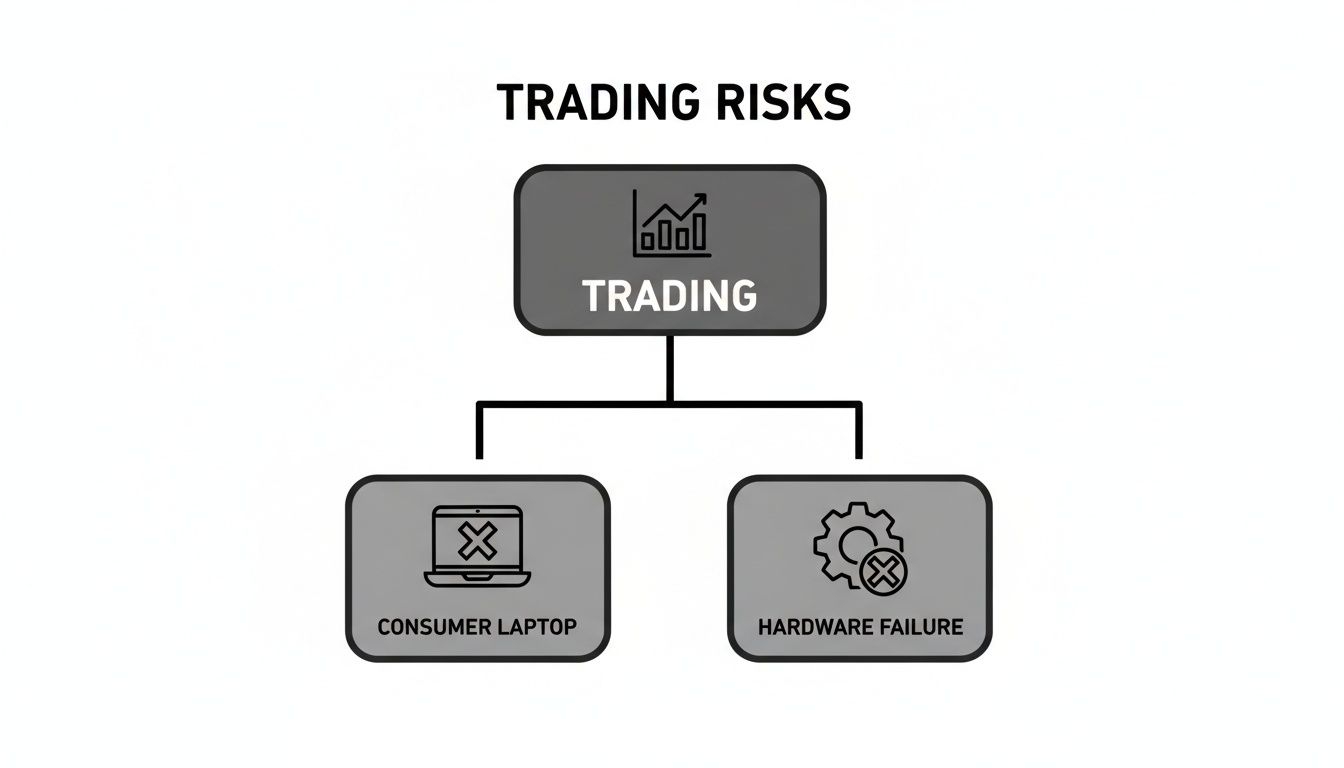 A diagram titled 'Trading Risks' showing trading linked to consumer laptop issues and hardware failure.